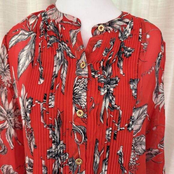 Leifsdottir Women Long Sleeve 100% Silk Blouse Sz 6‎ Floral Red Black White - Picture 1 of 16